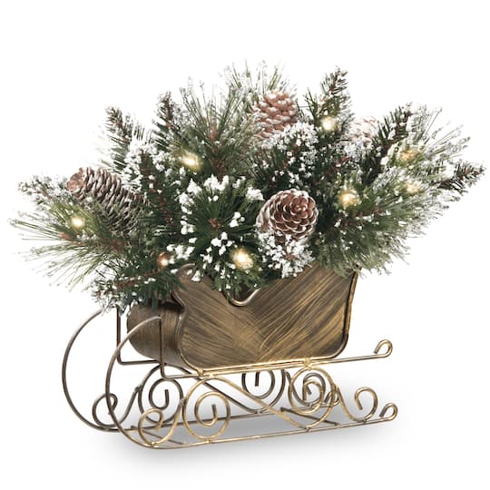 10" Gold Glittery Bristle® Pine Sleigh with LED Lights & Timer